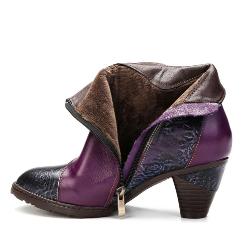 Hand-Painted Iridescent Embossed Side Zipper Buckle Heel Boots (Lilith)