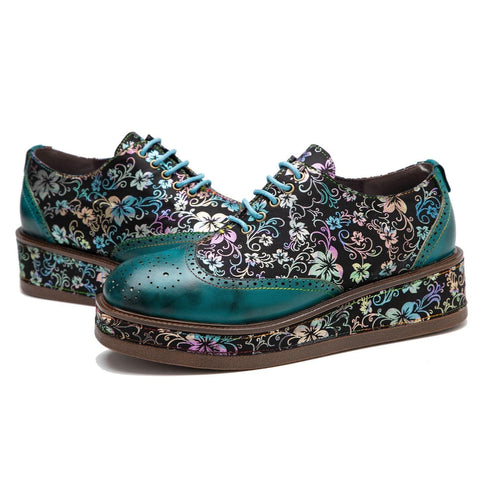 Hand Painted Leather Floral Platform Brogue (Stella)