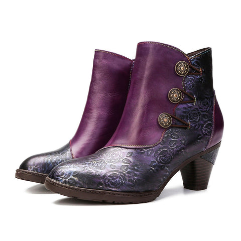 Hand-Painted Iridescent Embossed Side Zipper Buckle Heel Boots (Lilith)