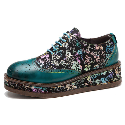 Hand Painted Leather Floral Platform Brogue (Stella)